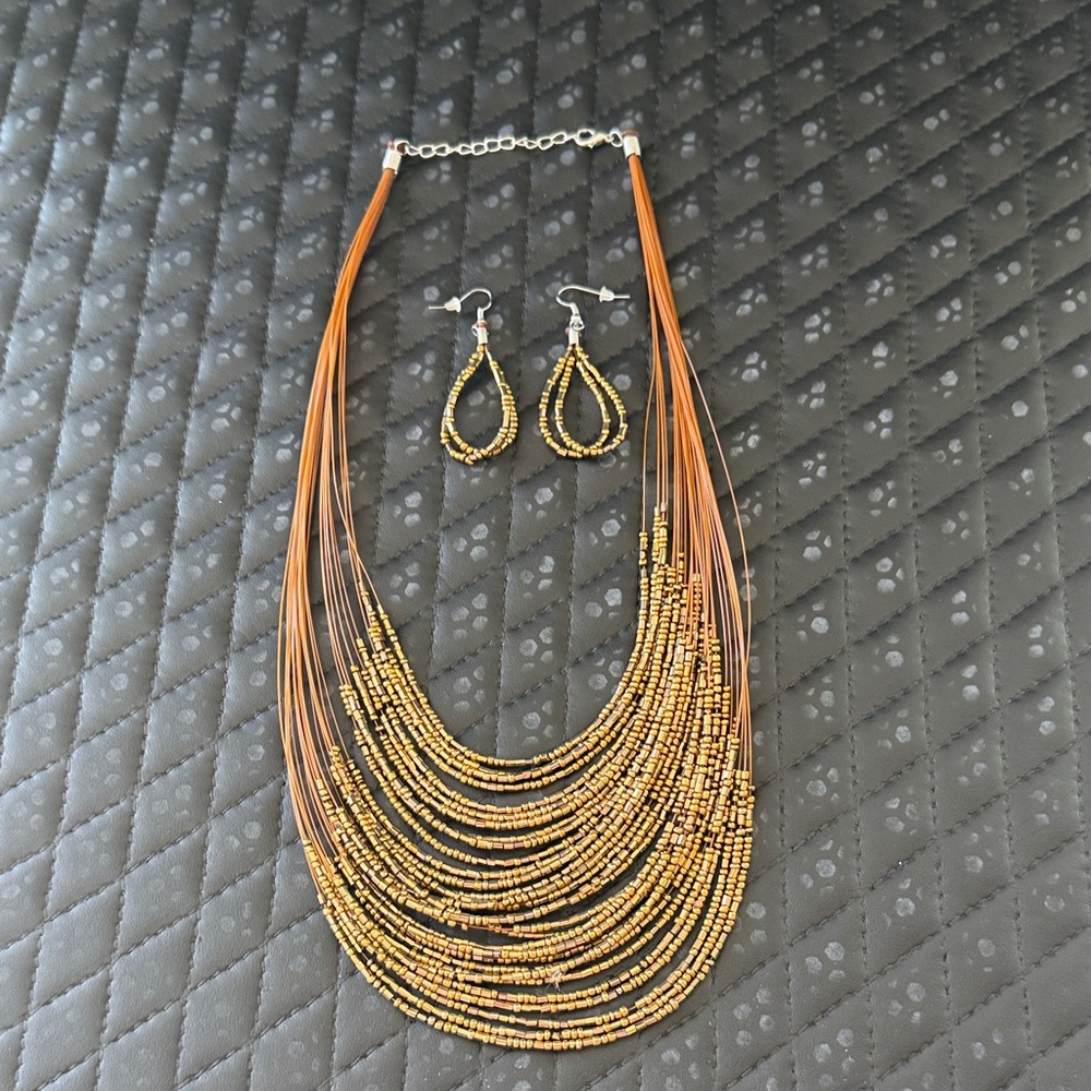 Burnished Gold and Brown Beaded Necklace set